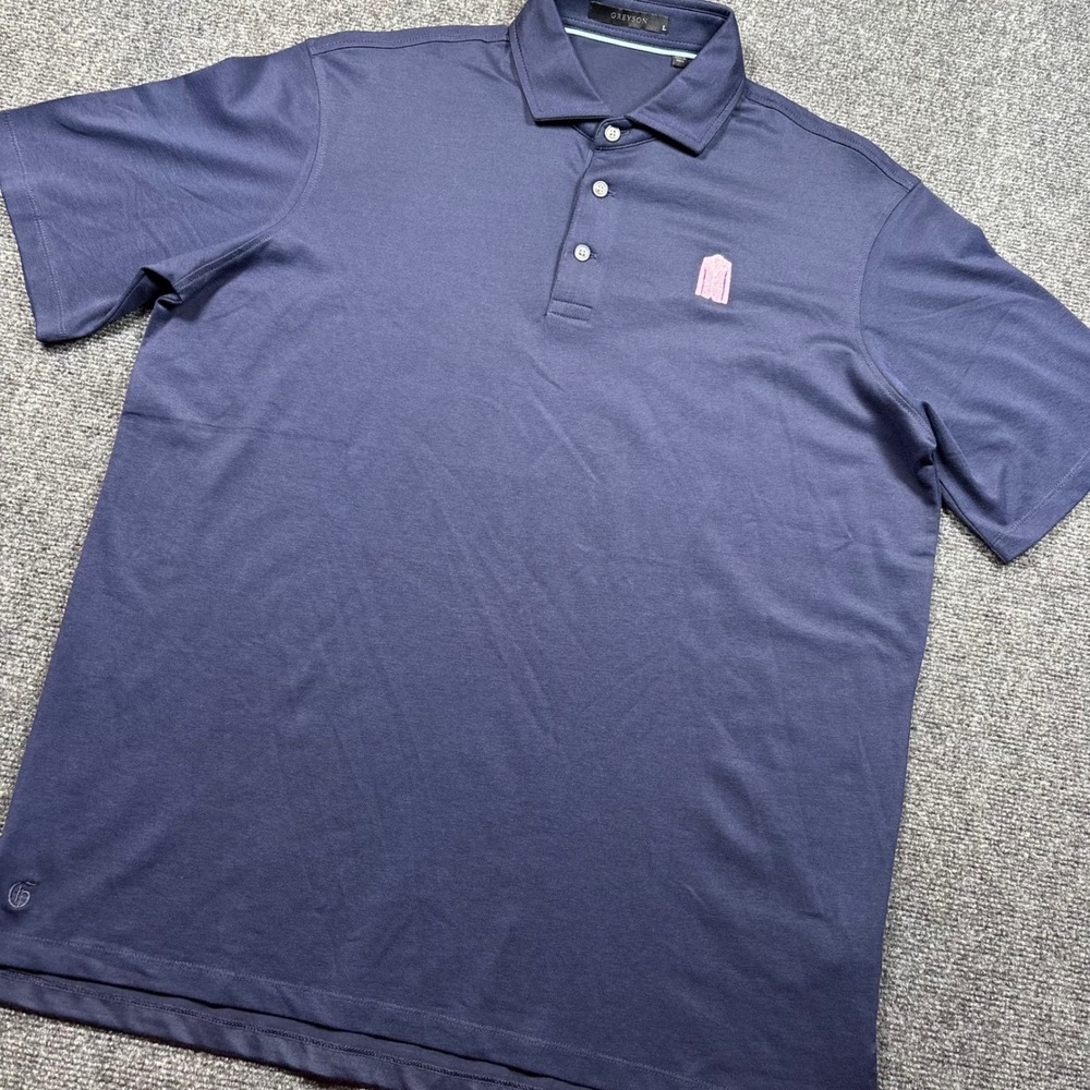 Greyson Polo Mens L Navy Brrr Cooling Pink Jacket Member Guest Golf Logo